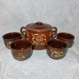 Vintage Japan Redware Moriage Brown Rice Crock Bean Pot w/Lid 4 Bowls Retro MCM